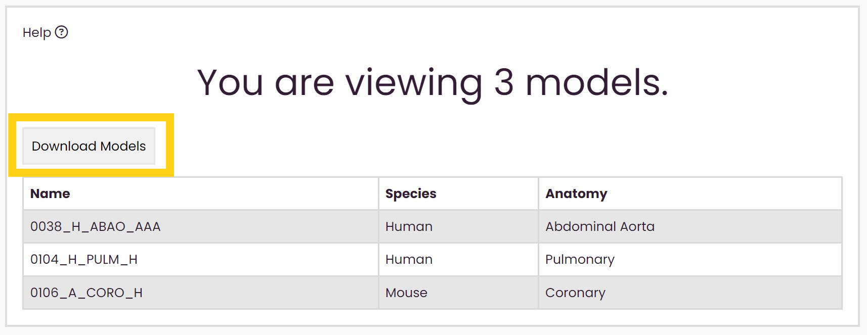 Image of table for shared models highlight download.