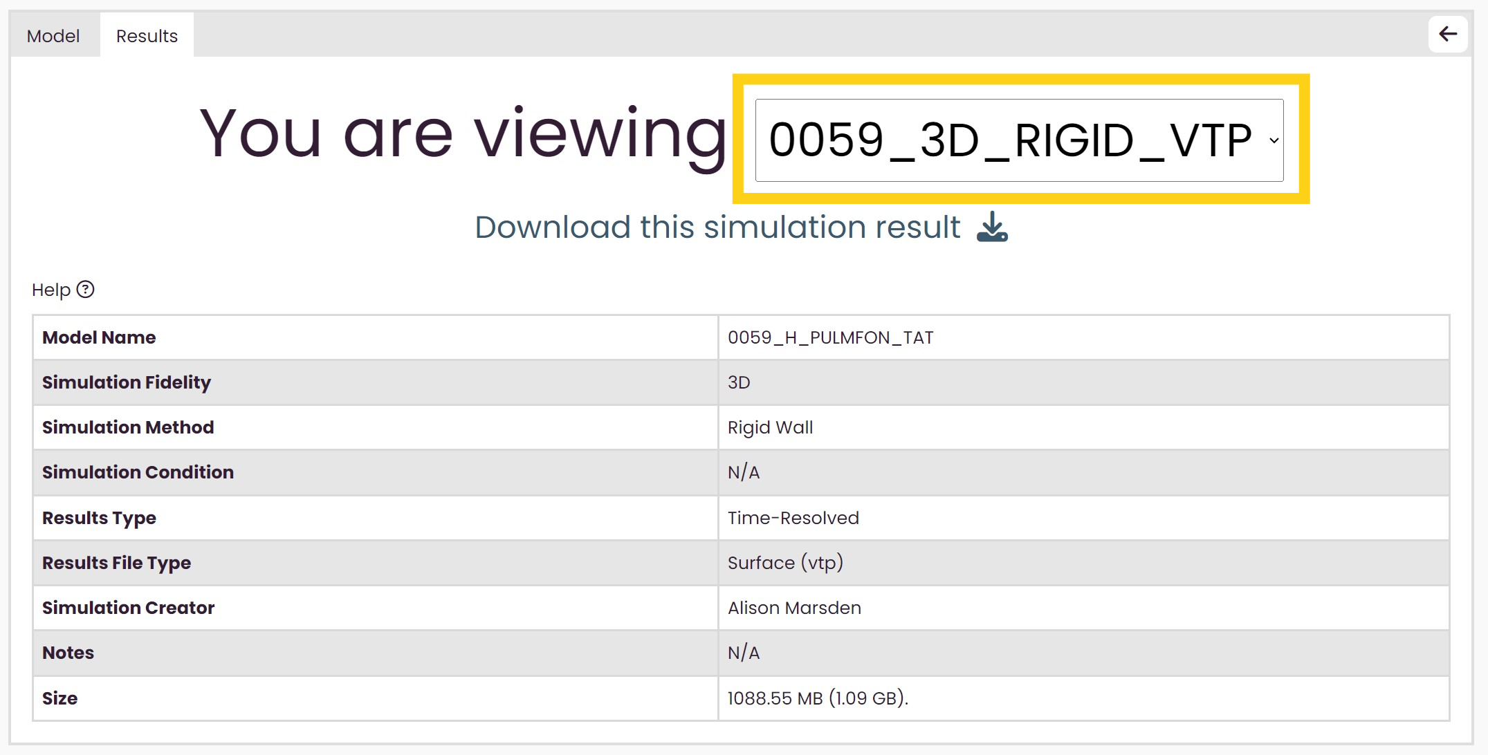 Highlight name for simulation results tab