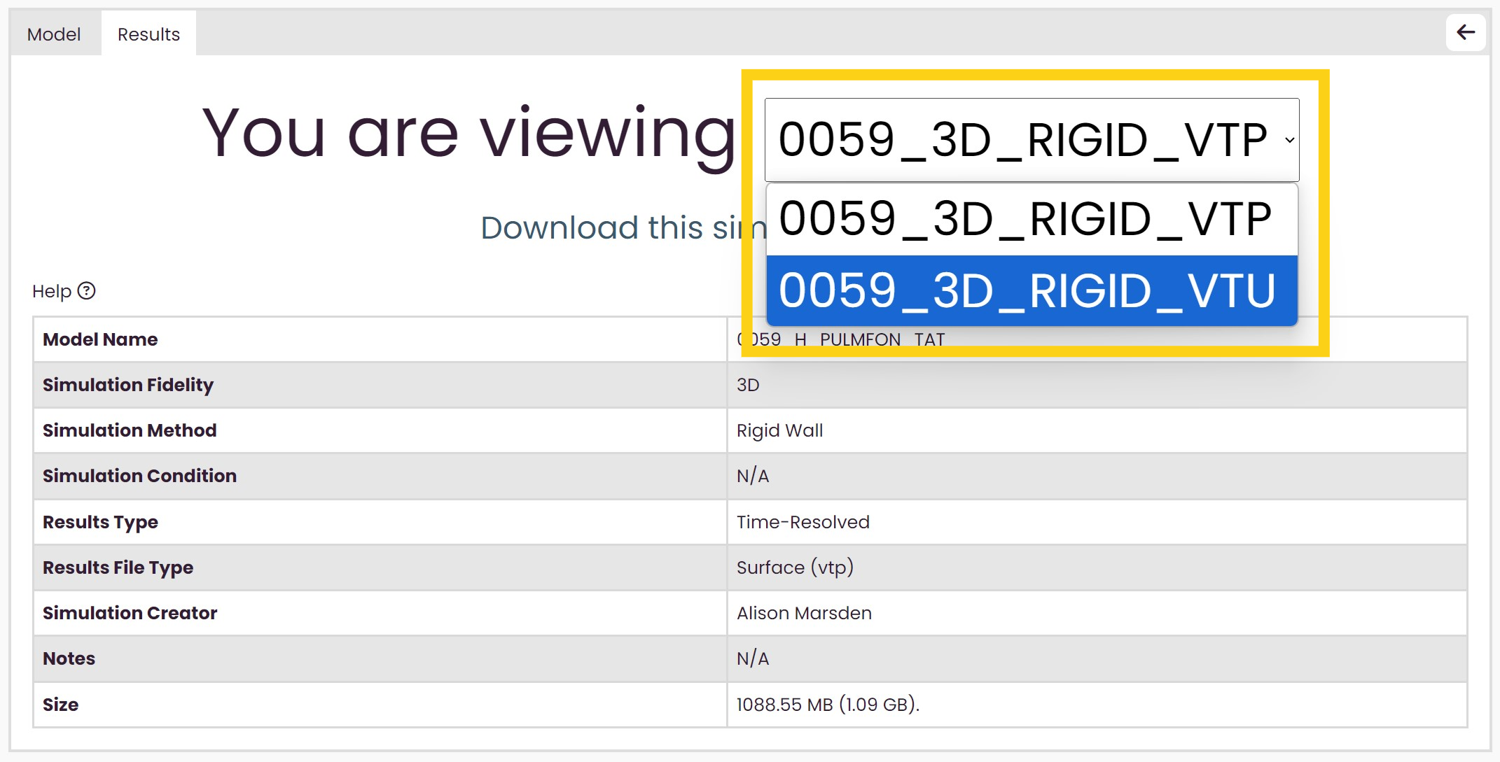 Highlight dropdown for simulation results tab